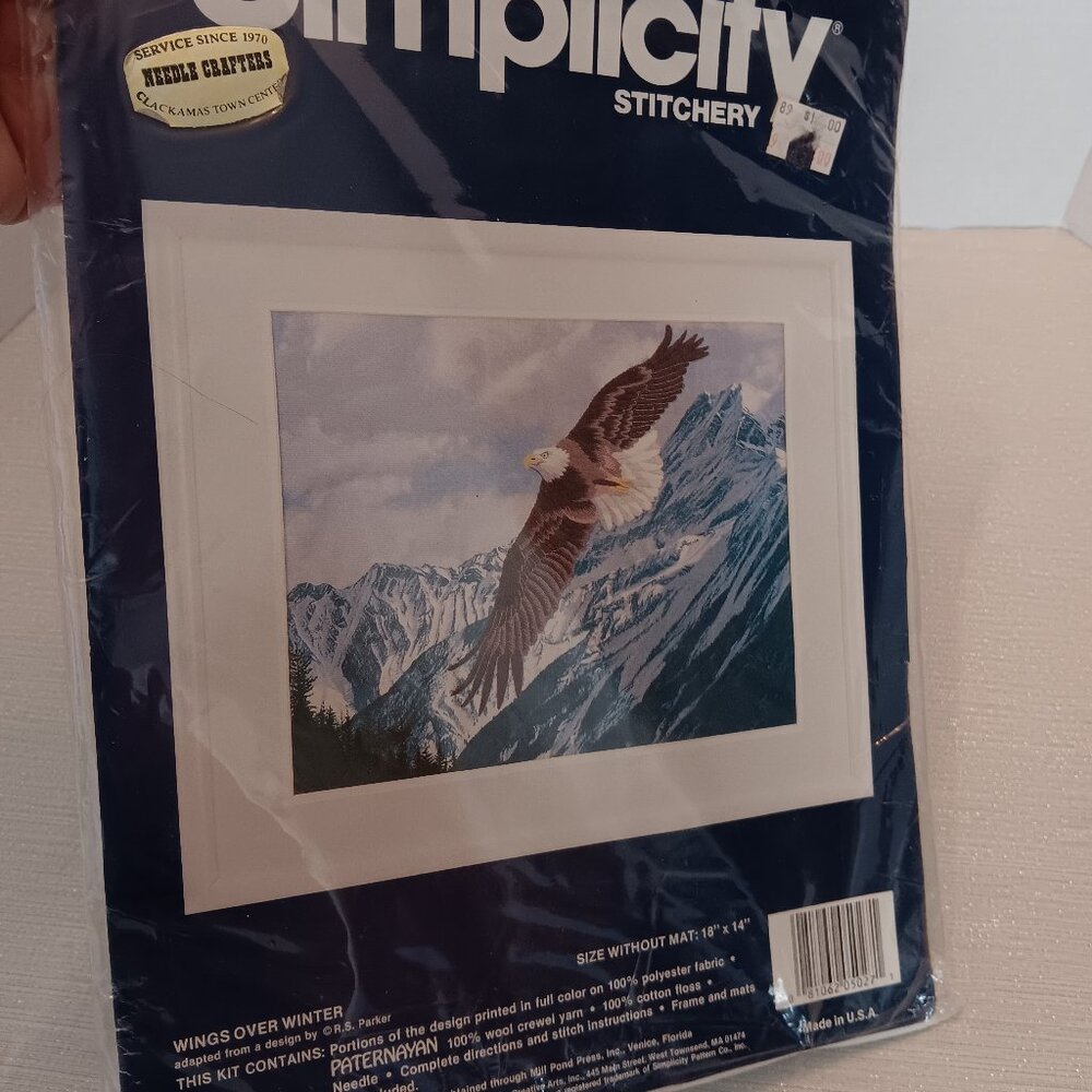 Vintage Needlepoint crewel wool yarn Bald Eagle Snowy Mountains 18X14 Simplicity